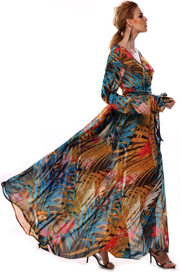 F2440-1 Womens V Neck Tropical Flower Printed Chiffon Long Sleeve Beach Dress